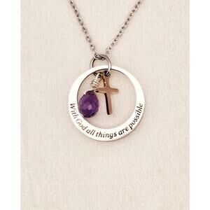 Bible Quote Necklace Pendant With God All Things Amethyst Gold Cross Steel Chain